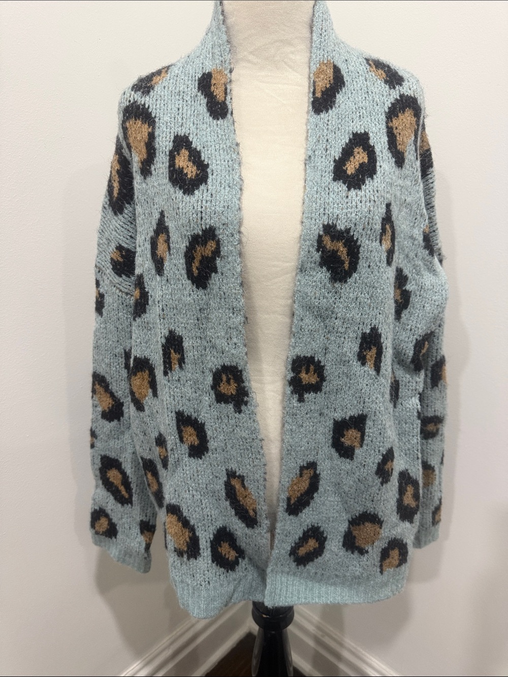 Hem & Thread Angora Blend Blue Green Leopard Print Open Cardigan Sweater S/M